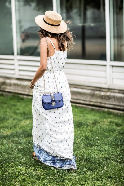 windy white and blue printed maxi dress