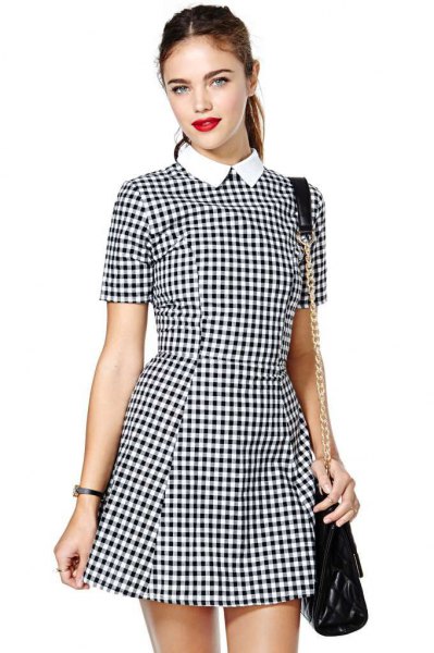 black and white checkered fit and flare mini dress