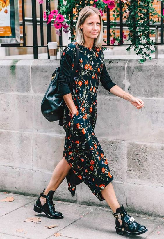 navy floral dress cut out boots