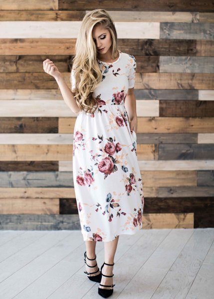 white floral gathered midi dress at the waist