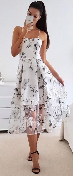 spaghetti strap floral flare dress clean overlay