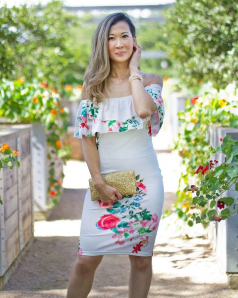 ruffle of shoulder floral bodycon dress