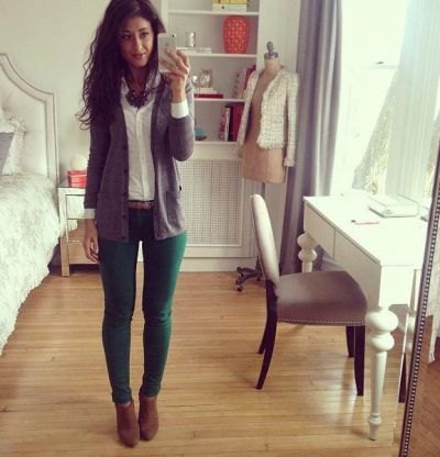 green jeans white button up shirt gray cardigan