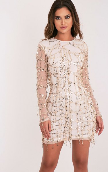 white sleeveless dress rose gold sequin sheer overlay