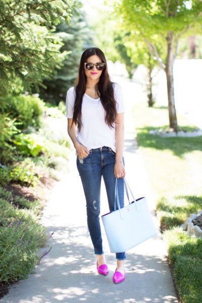 pink loafers white t-shirt jeans