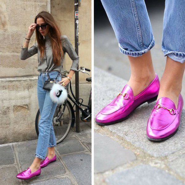 shiny shocking pink loafers mom jeans