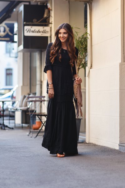 black boho style loose fit floor length dress