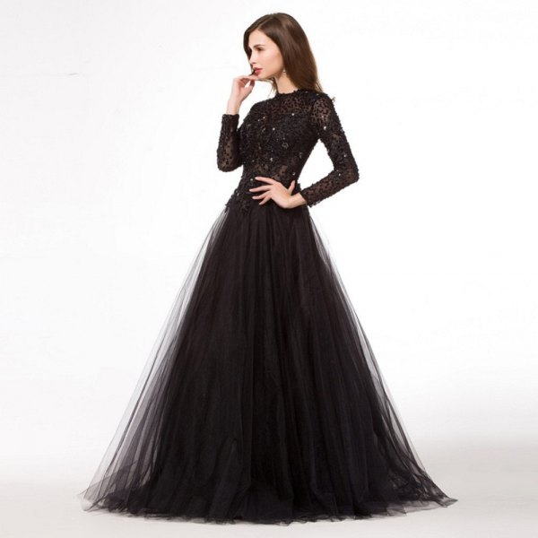 black long-sleeved sequin and chiffon dress