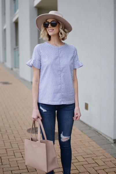 blue and white striped flared blouse skinny jeans