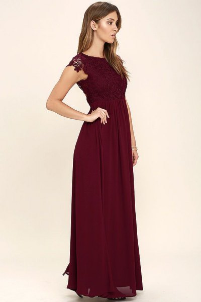burgundy lace sleeve chiffon long dress