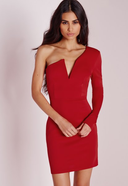 red deep v-neck a sleeve bodycon dress