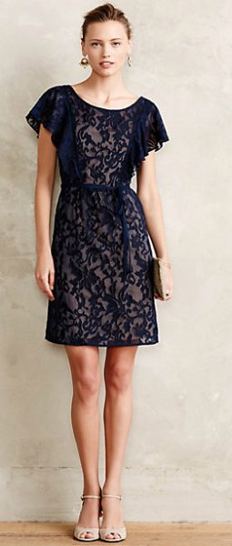 black lace gathered waist knee length dress