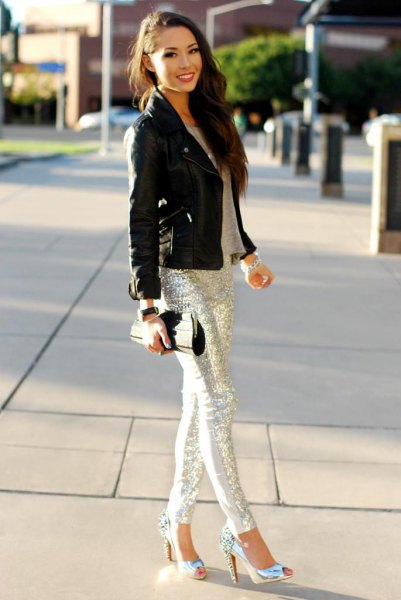 black leather moto jacket silver sequin trousers