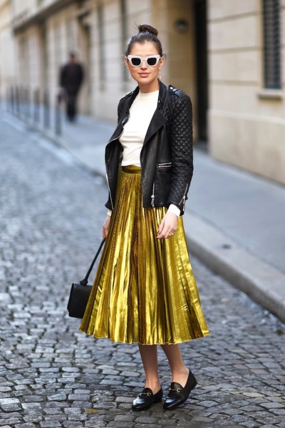 gold skirt black bomber jacket
