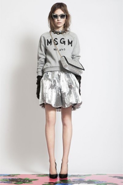 gray sweater silver metallic mini skirt