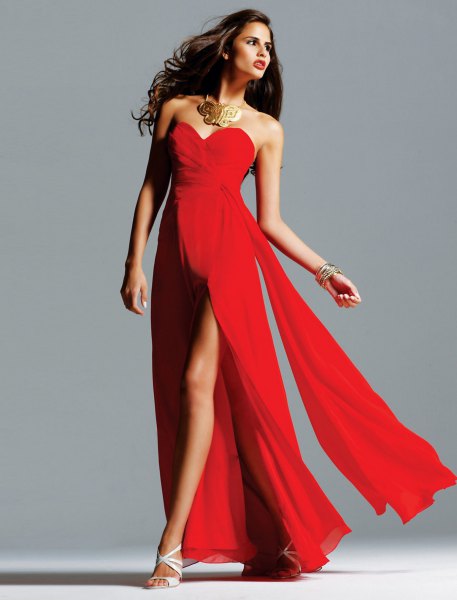red strapless maxi dress with double slits