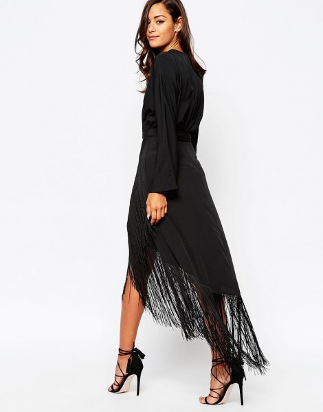 black long sleeve maxi dress with high lashes