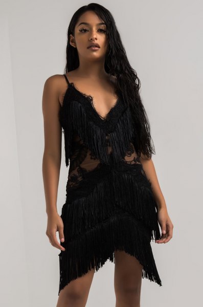 black deep v-neck lace mini dress