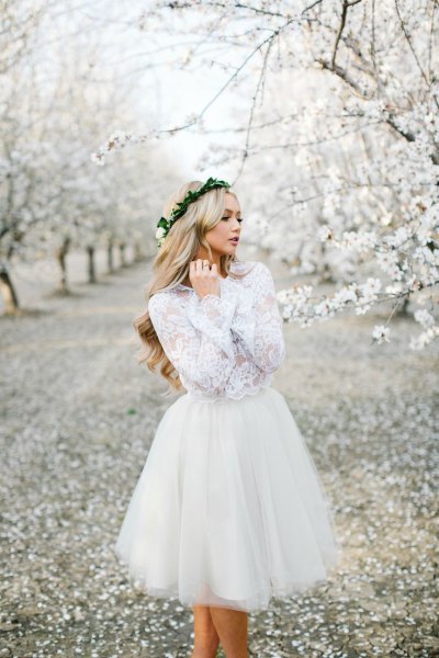 white long sleeve lace chiffon tulle dress