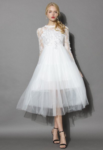 white lace layered chiffon midi dress