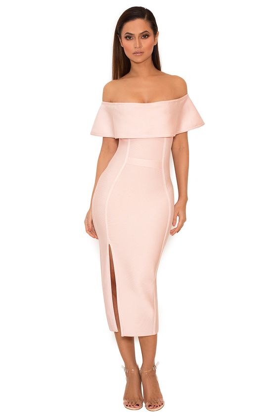 pink bandage dress from the shoulders
