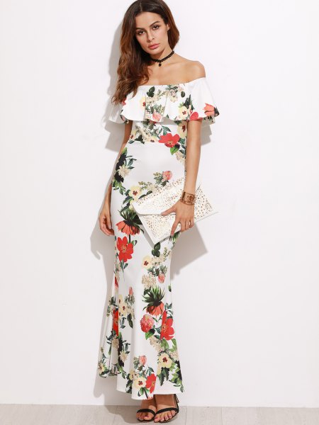 ruffle collar white floral mantle dress