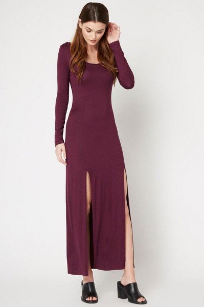 burgundy long sleeve sheath maxi dress
