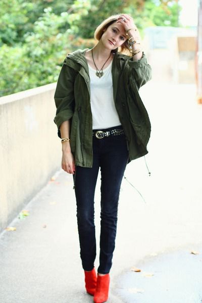 red boots military jacket skinny jeans