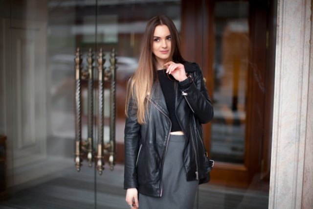 black long leather jacket cropped tee pencil skirt