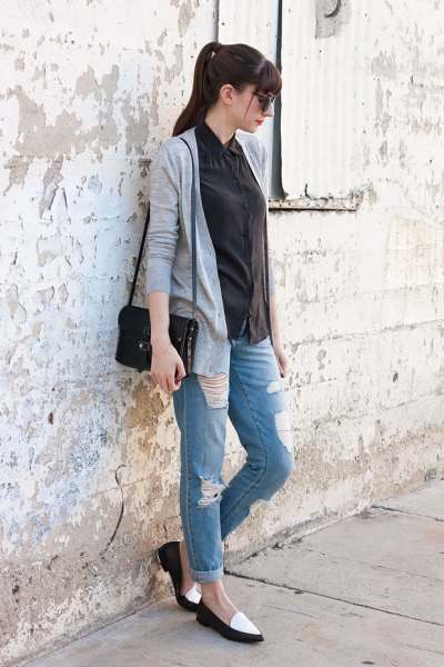 white and black loafers shirt gray cardigan