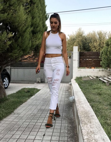 white cropped halter top ripped skinny jeans