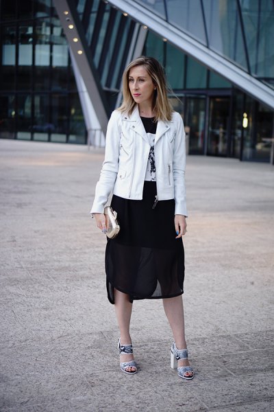 white leather jacket black chiffon skirt