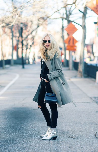 gray wool coat silver leather boots