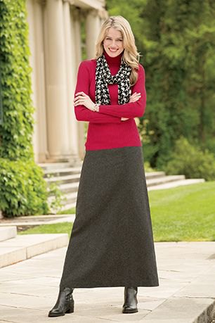 maxi gray wool skirt red sweater
