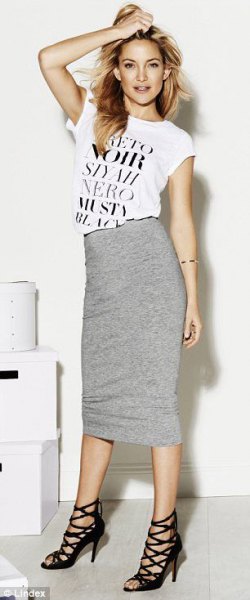 white print tee gray midi skirt