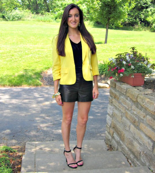 yellow jacket black leather shorts