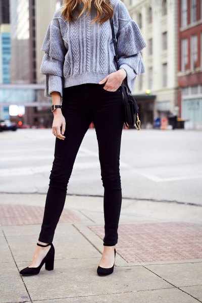tiffany blue chunky knitted sweater black ankle strap heels