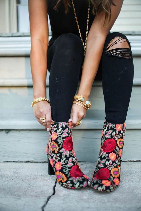 embroidered floral boots black jeans