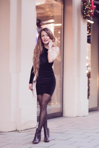 black bodycon dress with a shoulder with velvet ankle boots