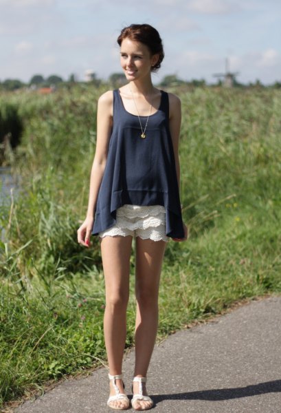 navy tank top white lace shorts