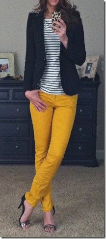 yellow skinny jeans black and white striped tee blazer