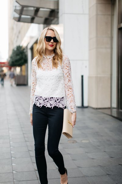 white long-sleeved lace clothing