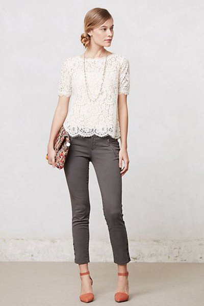 white lace top gray skinny jeans