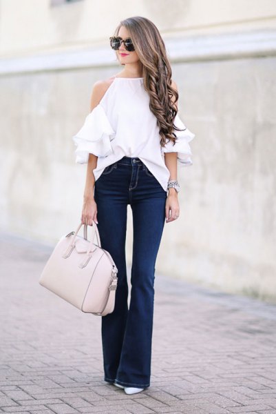 cold shoulder white ruffle top flare jeans