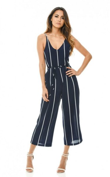 v-neck navy blue and white striped jumpsuit