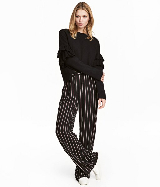 black and white striped trousers with wide legs
