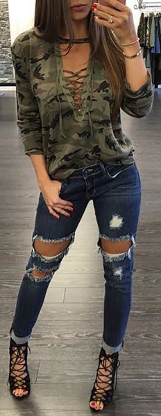 lace camo top ripped jeans