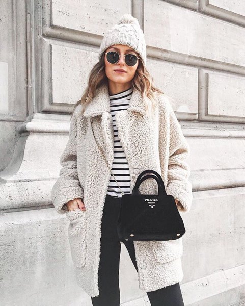 gray teddy jacket with black and white striped t-shirt