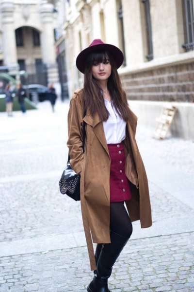 burgundy button up skirt trench coat