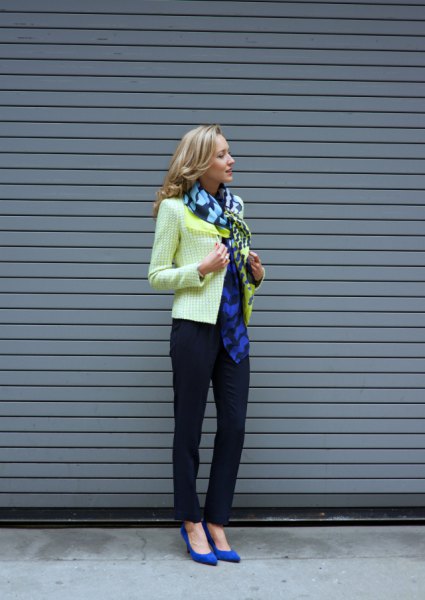 blue chiffon scarf yellow tweed jacket outfit